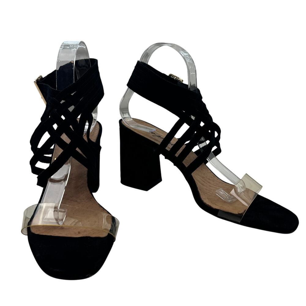 Free People Boho Black Leather Suede Heels With Clear Strap Women's 40/9.5-10